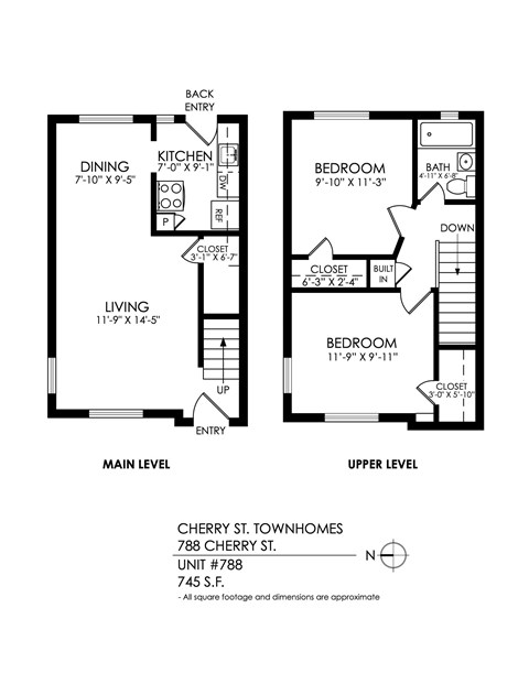 A floor plan for Cherry St. Townhomes shows two levels with measurements for each room.